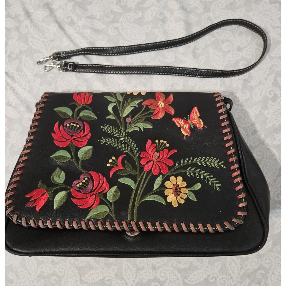 Vintage Adrienne Vittadini Black Leather Floral Embroidered Crossbody Handbag